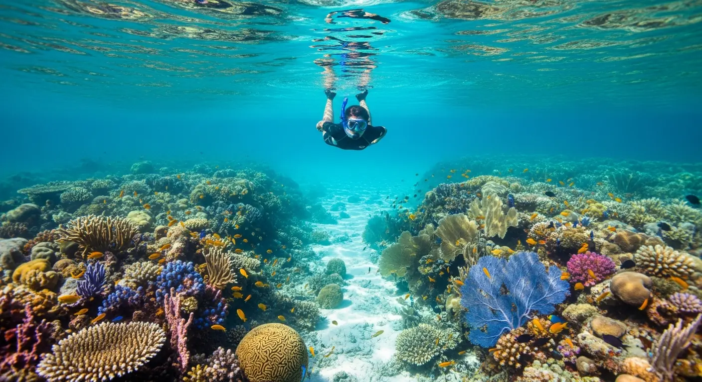 Snorkelling over coral off Kelor Island